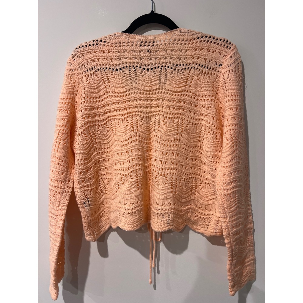 Lulus Major Label Group Crochet Knit V Neck Tie Front Cropped Sweater L Peach - Picture 3 of 5